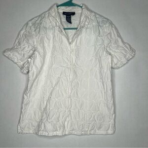 Denim & Co. White Button Down Up Blouse Medium M Eyelet Short Sleeve Top Collar
